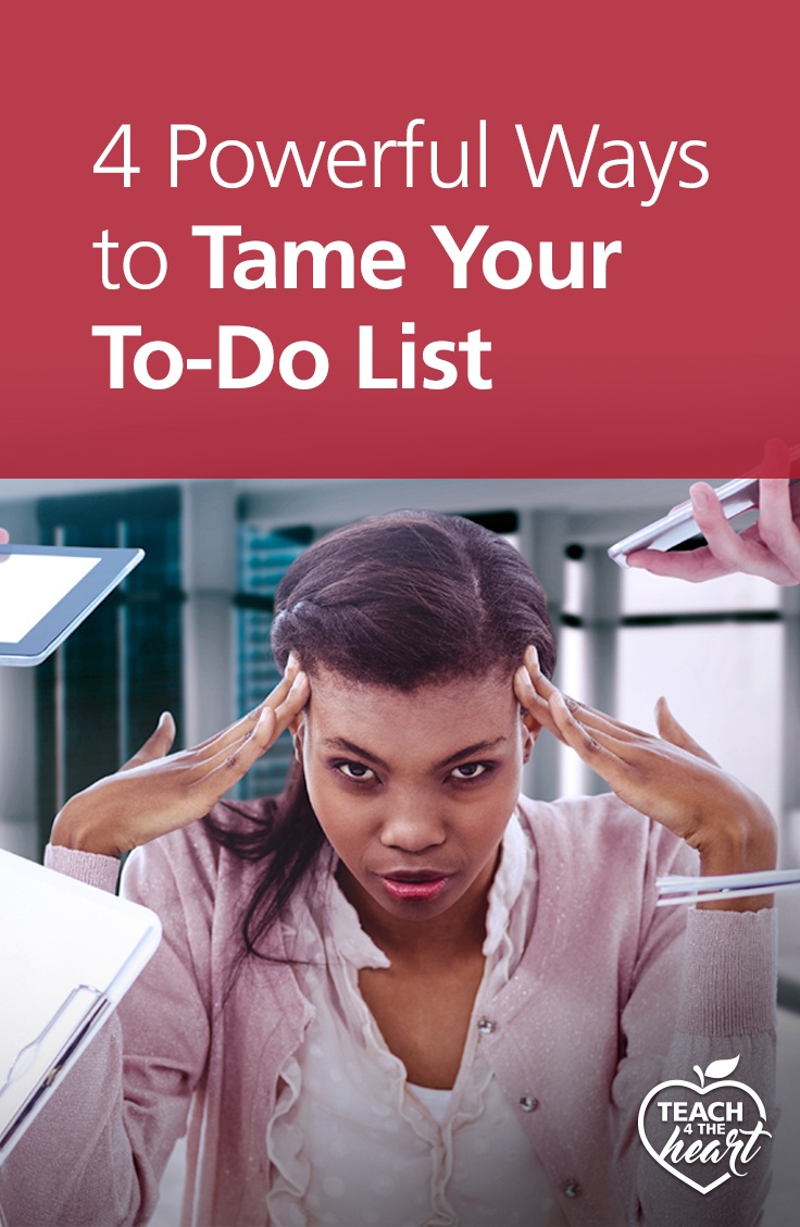 4 Powerful Ways to Tame Your To-Do List- Time Management for Teachers Learn how to make your to-do list more manageable with these tips from Teach for the Heart! We'll show you how to treasure, trash, trim or transfer items on your list so that you can make sure you have time for what's most important.