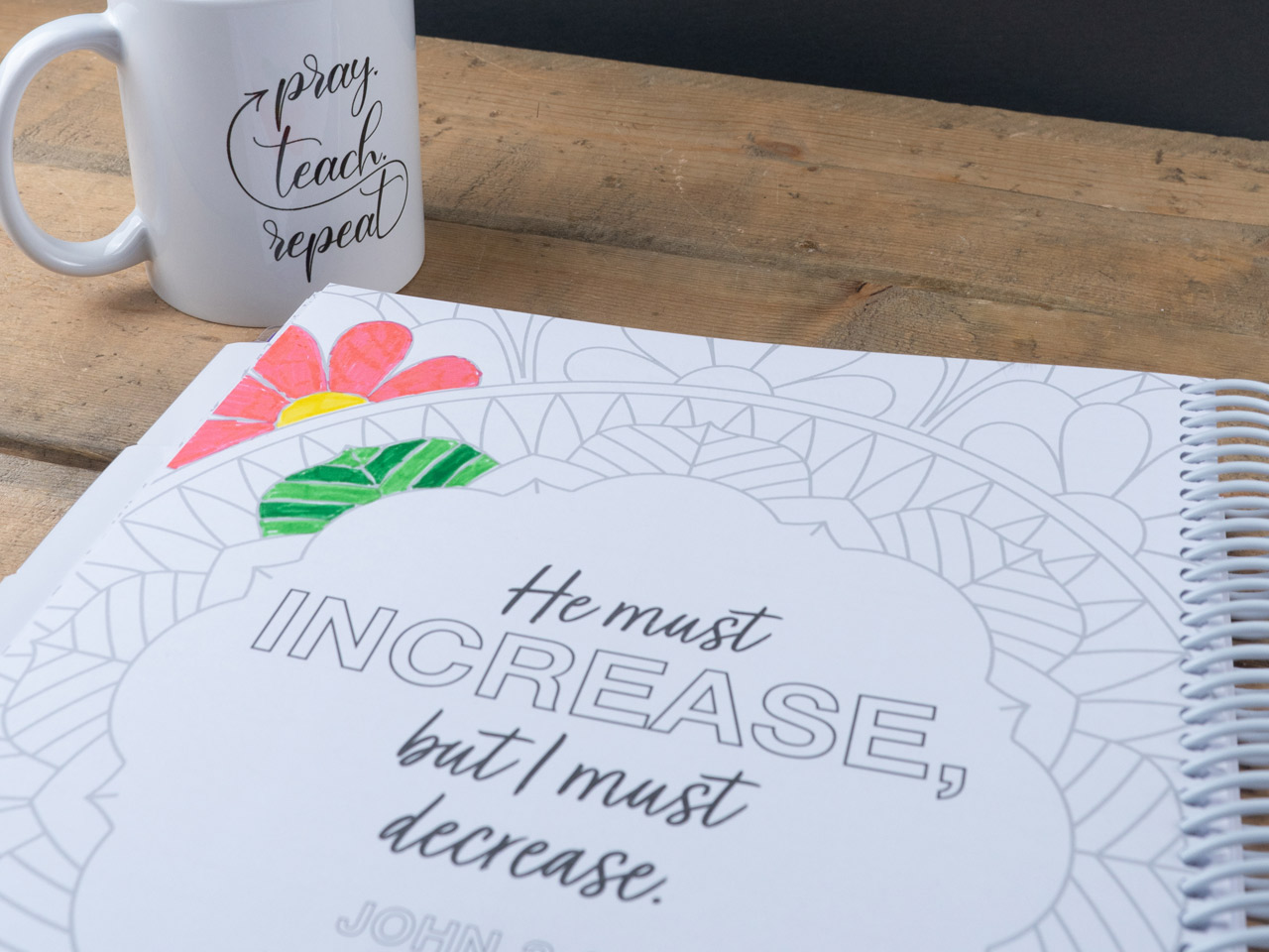 Beautiful coloring Scripture pages in Pray & Plan Christian teacher planner