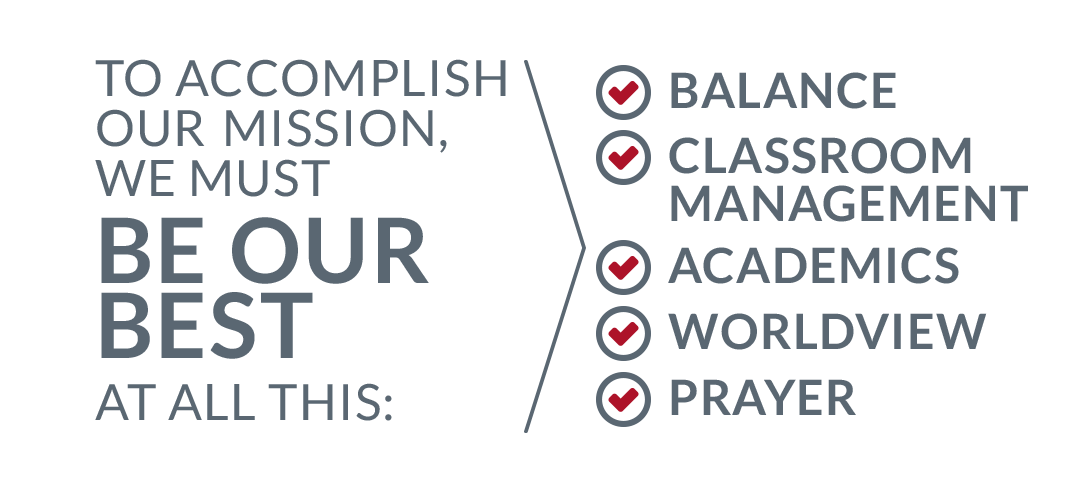 To accomplish our mission, we must be our best at all this: balance, classroom management, academics, worldview, prayer.