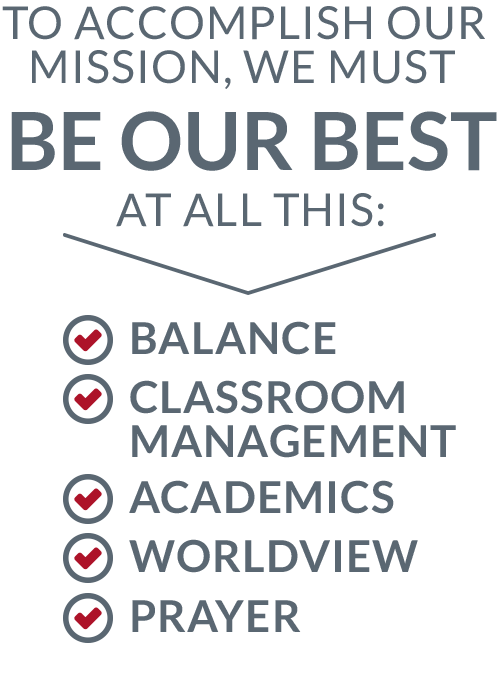 To accomplish our mission, we must be our best at all this: balance, classroom management, academics, worldview, prayer.